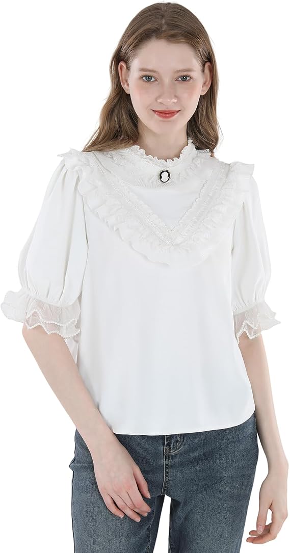 CR ROLECOS Victorian Blouse Women White Ruffled Shirt Short Sleeve Vintage Lace Blouse Tops