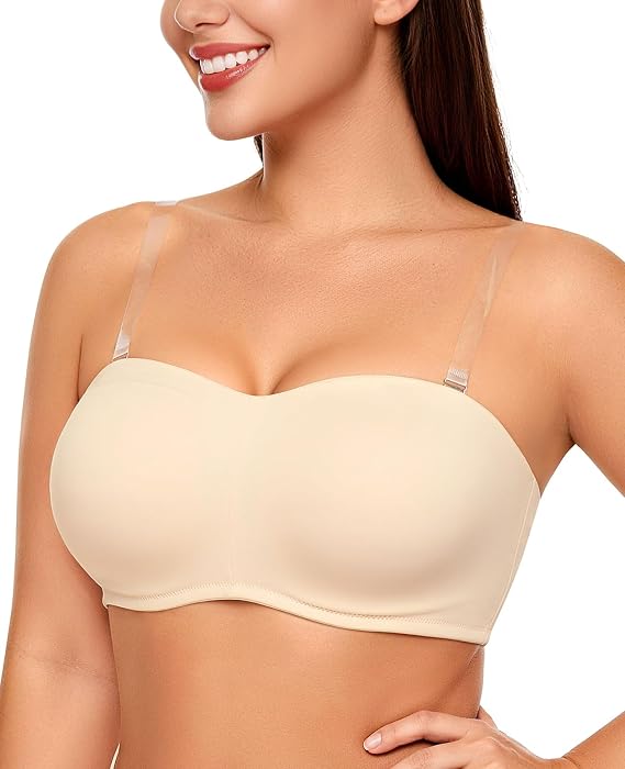 Upushall Plus Size Strapless Bras for Women Underwire Padded Bandeau Bra with Clear Straps Nude 34DD/E