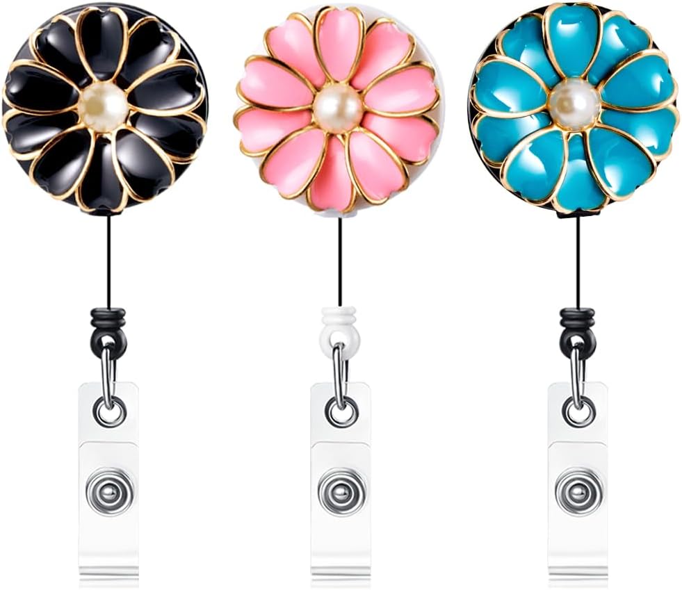 3 Pack Pearl Badge Reels Retractable, ID Badge Holder with Alligator Clip, Lightweight, 24" Easy Retracting Cord (3BlackPinkGreen)