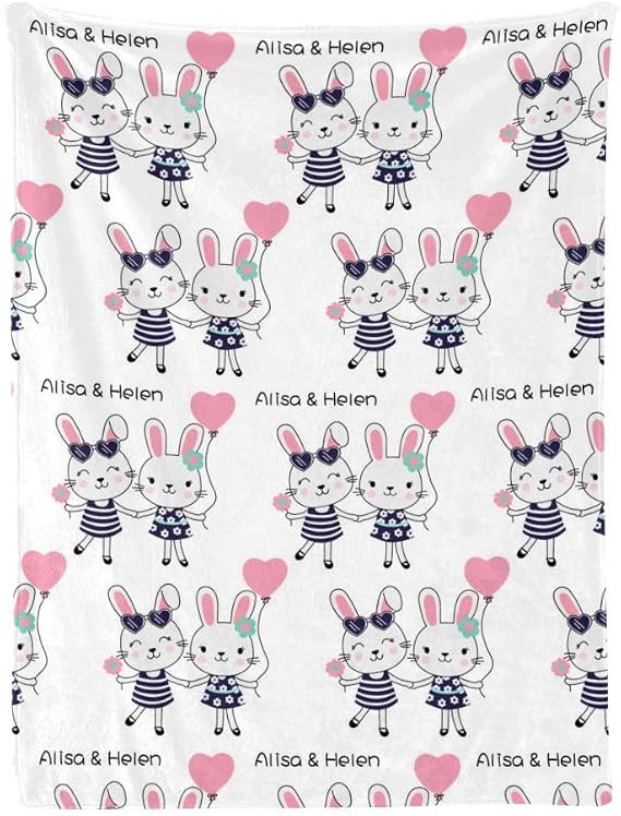 Personalized Throw Blankets, Custom Blankets with Name/Text for Adult Children Baby, Lovely Rabbit Pattern Super Soft Flannel Blankets (Rabbit 3, 30"x40")