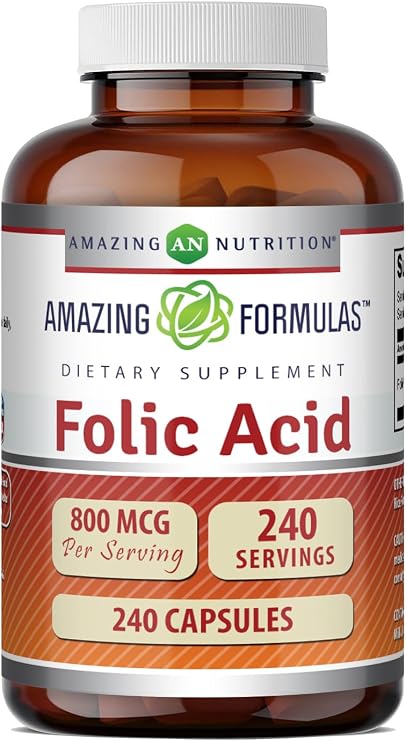 Amazing Formulas Folic Acid (Vitamin B9) 800 Mcg Supplement | Capsules | Non-GMO | Gluten-Free | Made in USA (1 Pack | 240 Count)