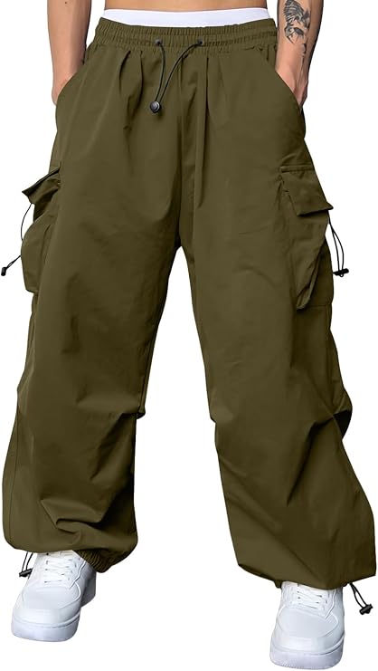 JMIERR Mens Loose Fit Drawstring Y2K Baggy Parachute Cargo Pants