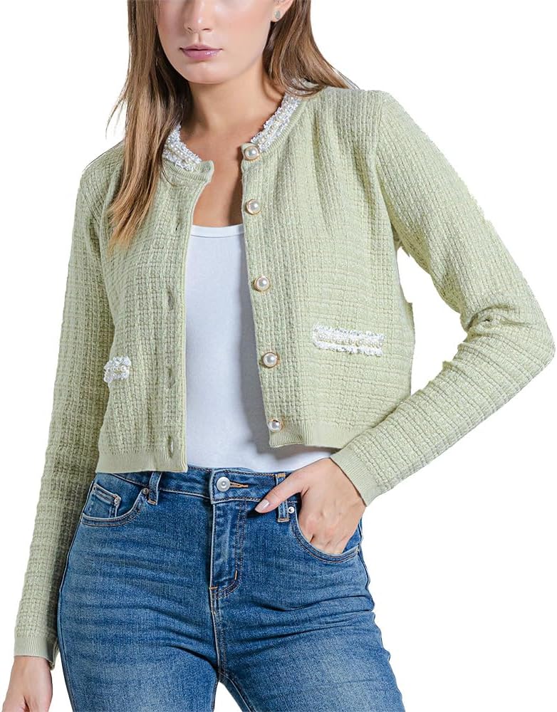 URBAN REVIVO Womens Cropped Cardigan Sweaters Open Front Casual Long Sleeve Knit Pearl Button Down Crew Neck Jacket 2025
