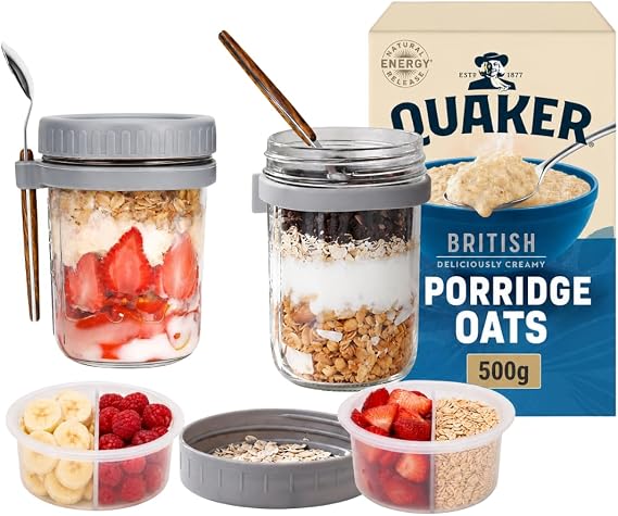 Overnight Oats Jar Breakfast Pots (12oz) – Glass Mason Jars with Lid & Spoon for Chia, Yogurt, Granola & Cereal Airtight Meal Prep Container with Measurement Mark Bundled with 500g Quaker Rolled Oats