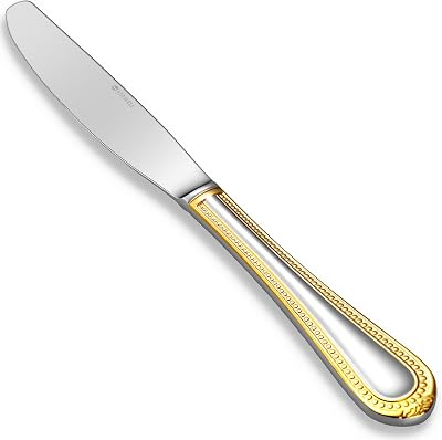 KEAWELL Pearl Edge 4-Piece Premium Dinner Knives: Stainless Steel Table Knives with a Refined Bead Design, Brightly Polished, 9.6 Inches, Dishwasher Safe. Gold Accent