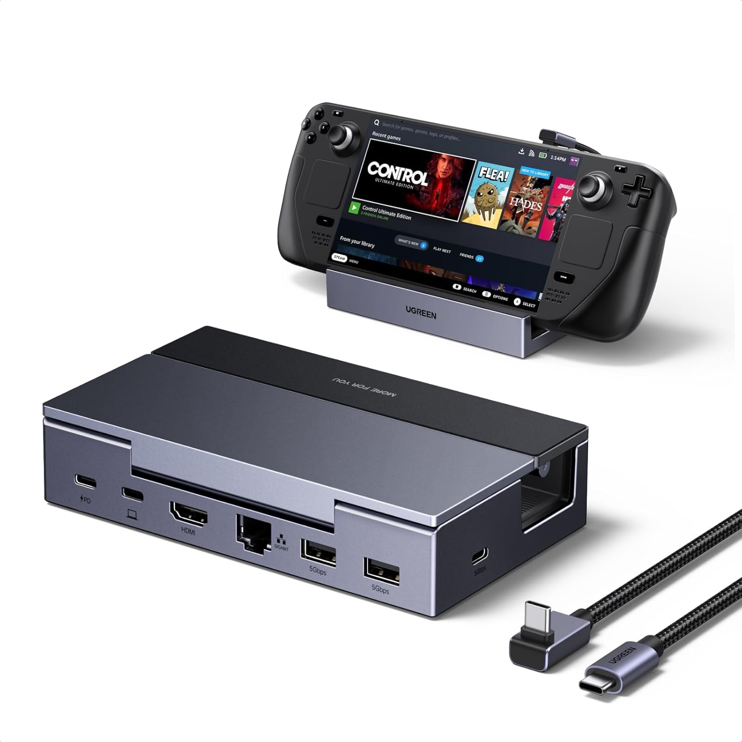 UGREEN Steam Deck Dock 6-in-1, 4K@120Hz HDMI, 100W PD, 1Gbps Ethernet, USB-A &amp; C Ports, Adjustable &amp; Foldable Aluminum Stand, Detachable USB-C Cable for Steam Deck OLED, ROG Xbox Ally X, Legion Go