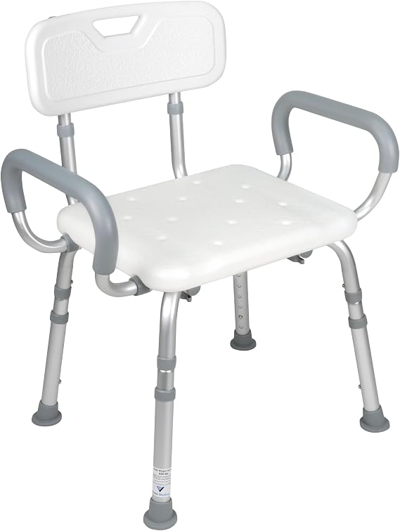 Vaunn Medical Deluxe Spa Shower Chair with Arms and Back, Bath Seat for Seniors, 450 lbs Max Weight, White with Light Gray Arms
