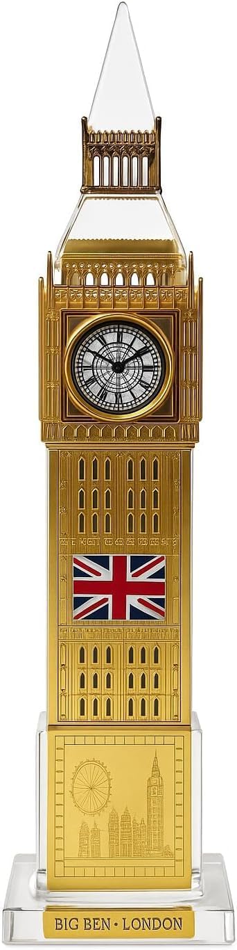 Rose Collections Colour Changing Big Ben London Souvenir – 18cm Light-Up Gold Miniature Clock Tower Replica with Union Jack – LED Ornament on Crystal Base – UK Travel Gift or Desk Decor