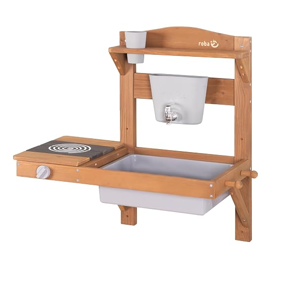 roba Children's Mud Kitchen for Hanging, Functional Outdoor Play Kitchen with Water Dispenser and Accessories, Weatherproof Wood, Varnished Teak Colours