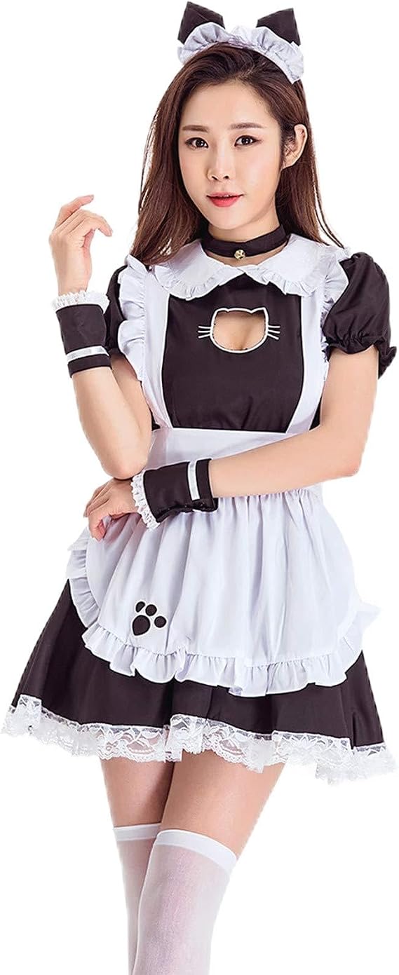 Women's Maid Outfit Cosplay Cat Ear French Maid Costume Lolita Dress with Apron, Fancy Dress for Cosplay, Small, Black