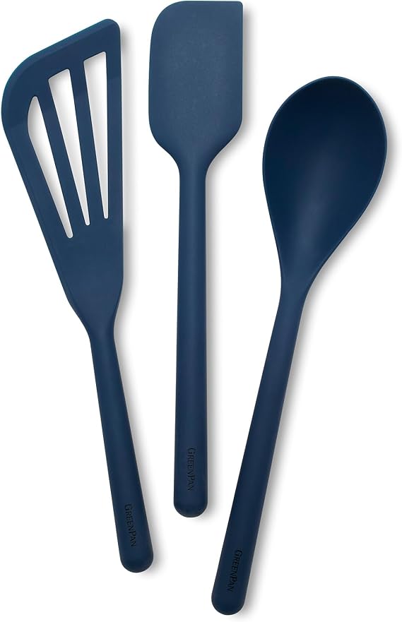 GreenPan Silicone 3 Piece Cooking Utensil Set, Fish Turner, Mixing Spatula, Solid Spoon, Flexible Nonstick Kitchen Tools Rigid Steel Core, Heat-Resistant Anti-Slip Handle BPA-Free Dishwasher Safe Blue
