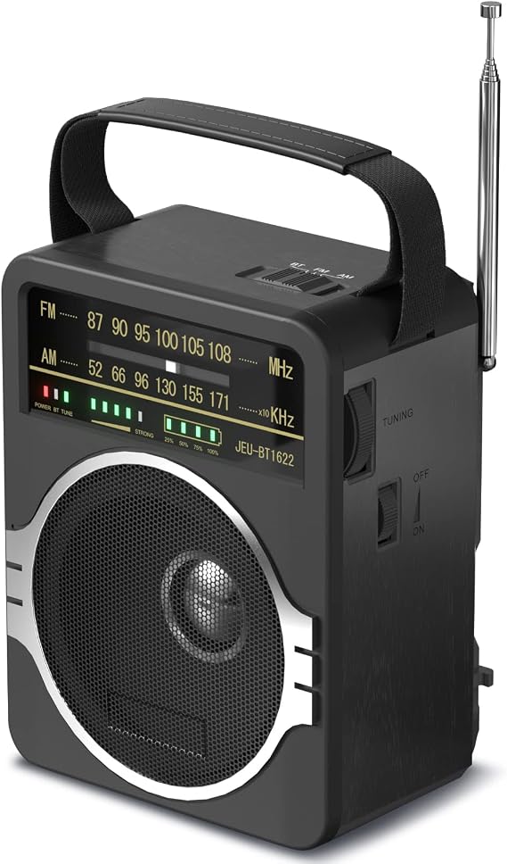 JEUJUG Portable AM FM Radio, Bluetooth 5.0 Radios 5 Watts Loud Speaker,FM Radio Built-in Rechargeable Battery/DC D*4 Cell Battery Operated & AC Power Plug in Wall Black