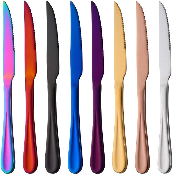 Steak Knife Set,Stainless Steel Steak Knives Set of 8,Sharp Serrated Steak Knife For Kitchen Restaurant Party,9 Inches Meat Knife Set, Dinner Knife,Mix colors