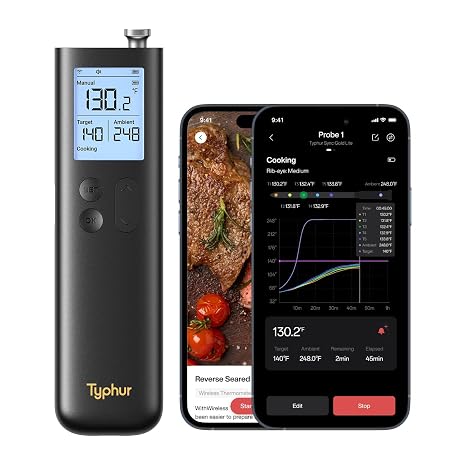 Typhur Sync Gold Wireless Meat Thermometer with Enhanced 10x Sub 1G Signal and Stability, WiFi Unlimited Range, 6 Sensors, Bluetooth Meat Thermometer for BBQ/Oven/Smoking/Grilling/Air Fryer/Gen2
