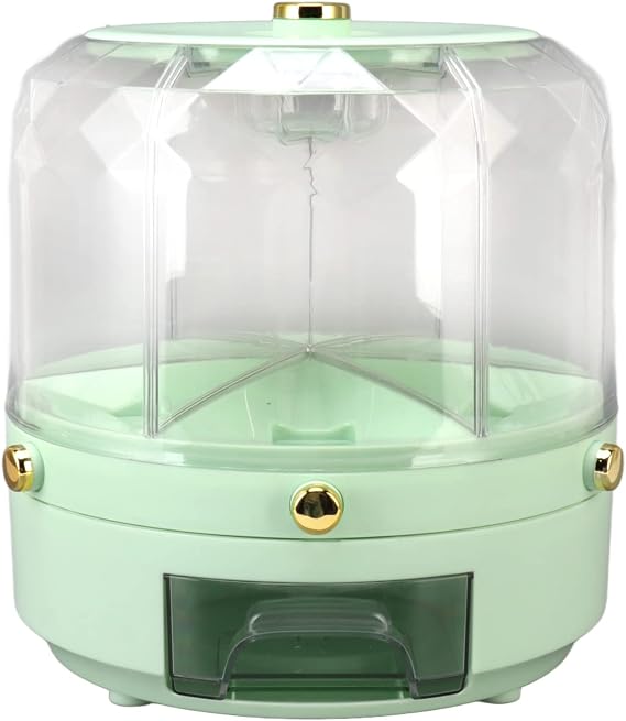 Rice and Grain Storage Container, 6KG Capacity 6 Grid Dispenser, 360 Rotatable Food Storage Container, One Click Button Dry Food Box for Cereal, Beans (Green)