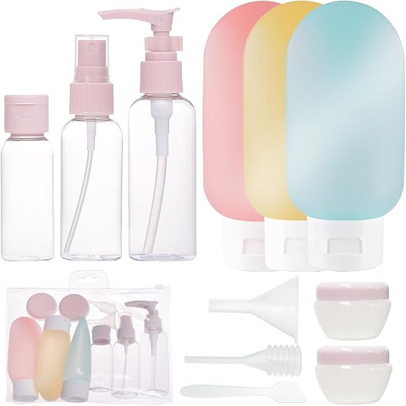 Travel Containers Kits,11 PCS Travel Accessories Leakproof Squeezable Travel Bottles Refillable Containers Kit with Bags for Cosmetic Lotion Liquids Shampoo