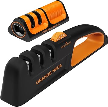 Orange Ninja Complete Kitchen Knife Sharpening Bundle 5-Angle Adjustable Sharpener & Compact 2-Stage Mini Sharpener with Bottle Opener & Fridge Attachment