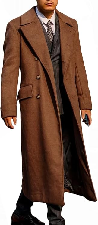 Mens Trench Coat Full Length Double Breasted Long Jacket Smart Formal Casual Peacoat Warm Overcoat