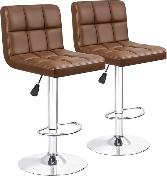 Furniwell Bar Stools Modern Pu Leather Swivel Adjustable Barstools Armless Counter Height Swivel Bar Stool Synthetic Leather Height Square Barstool with Set of 2(Brown)