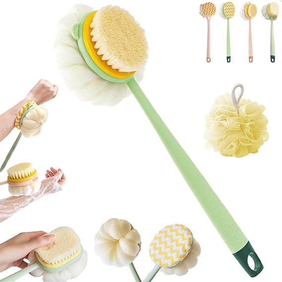 2-in-1 Bath Scrubber & Back Brush Extra Long Handle, Soft Bristles, Exfoliating Shower Ball, Hardpointing/Competeend Double Sided Loofah Sponge Back Shower Scrubber for Body Cleaning (1PCS)