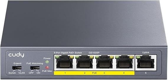 Cudy GS1005P 5 Port Gigabit PoE Switch, 4 PoE+ @60W, Desktop/Wall, Plug and Play, Sturdy Metal w/ Shielded Ports, Fanless, Traffic Optimization