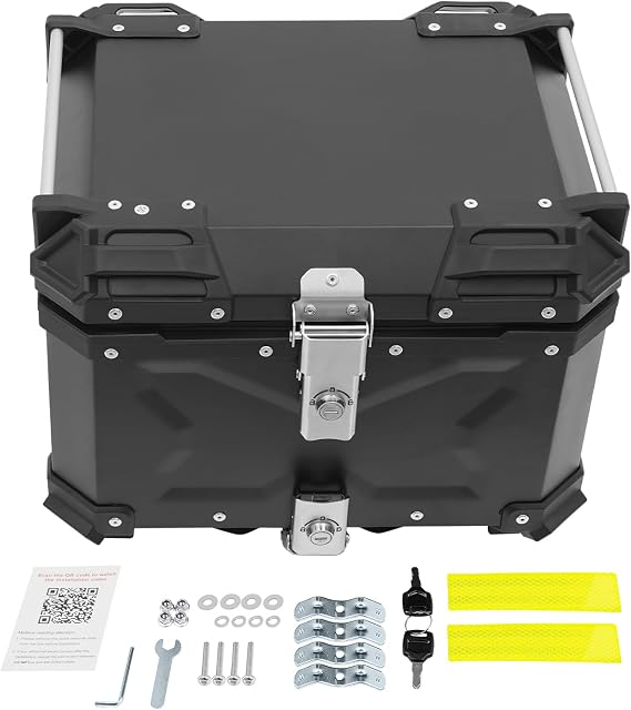 Universal Motorcycle Top Case,65L Motorcycle Tail Box,Aluminum Alloy Top Case, Lockable Trunk Tour Storage Carrier Case with Security Lock for Helmet Luggage,Black (45L)