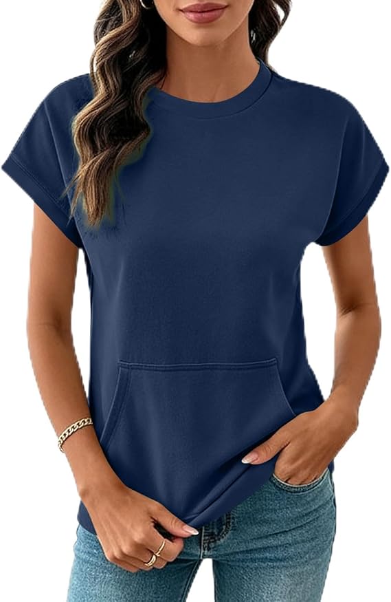 Yihaojia Women Summer Trendy Sweatshirt with Kangaroo Pocket Short Sleeve Crewneck Sweatshirts Casual Dressy Shirts Work Tops