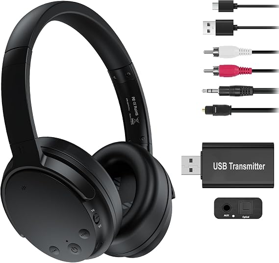 Dual Mold 2.4G & Bluetooth Wireless Headphones for TV Watching with Transmitter, Compatible with USB Optical RCA 3.5mm AUX TVs, Low Latency, Wide Range, Over-ear TV Headphones Clear & Loud Sound