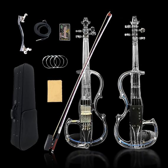 Electric Violin 4/4 Size Clear Acrylic Crystal Body 3 Colors LED Light Nice Tone Case, Bow #EV8