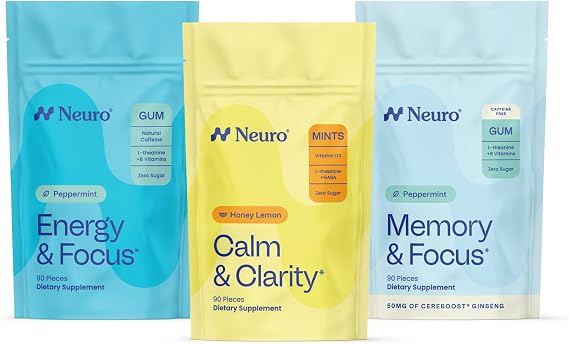 Neuro Focus & Calm Cognitive Bundle - Energy & Focus Nootropic Smart Gum (90), Calm & Clarity Stress Support Mints (90) & Memory & Focus Nootropic Gum (90)