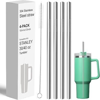 FYY Reusable Straws for Stanley 40 oz 30 oz Cup Tumbler - 4 Pack Stainless Steel Metal Drinking Straw with Cleaning Brush, 12 inch Long, 0.35 inch Wide Straws for Stanley Accessories, Set of 4