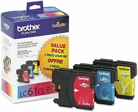 Brother LC61 Ink Cartridges (Cyan, Magenta, Yellow, 3-Pack) in Retail Packaging