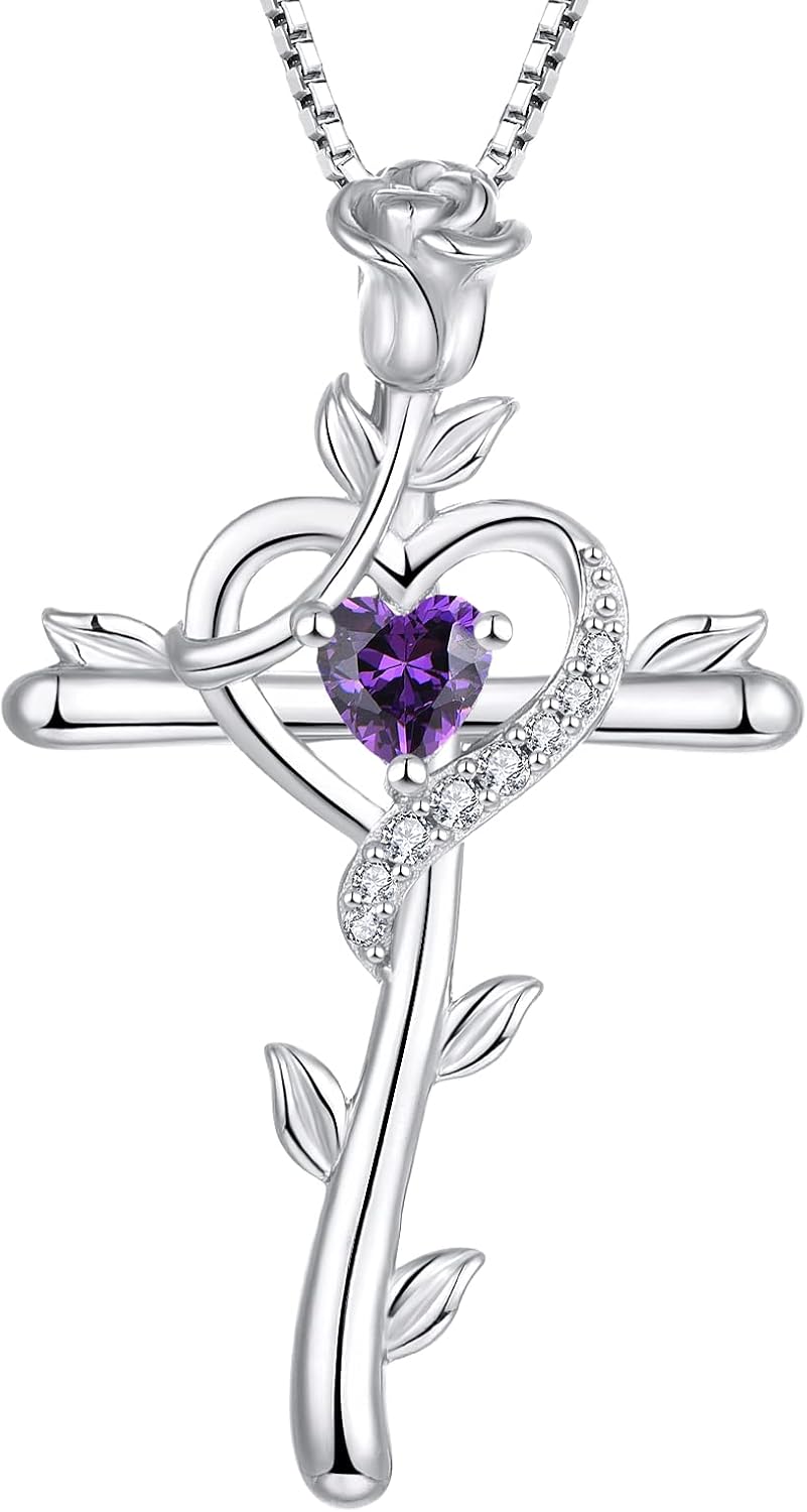 STARCHENIE Rose Cross Necklace 925 Sterling Silver Heart Crucifix Pendant Birthstones Jewelry for Women