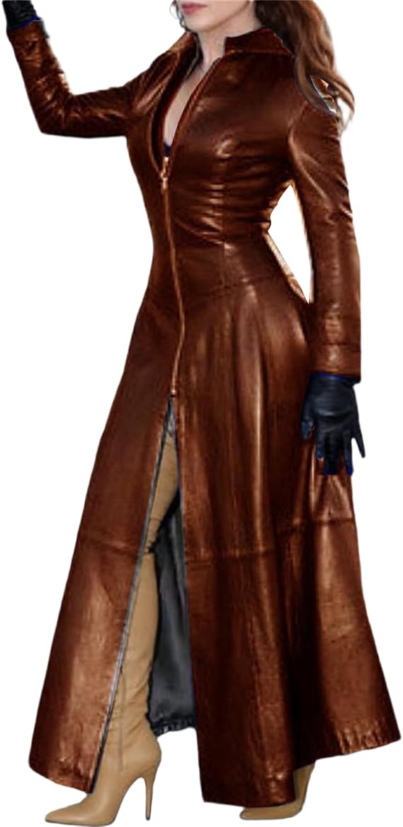 Faux Leather Jacket Women Long Trench Coat Full Zip Fashion Motorcycle Pu Leather Dress Steampunk Gothic Overcoat