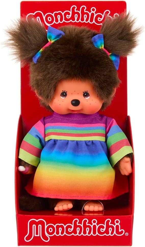 Sekiguchi Original Monchhichi Girl Approx. 20 cm Plush toy with rainbow dress cuddly toy made of brown plush 204090