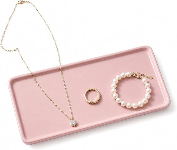 8 x 3.7 Ceramic Vanity Tray, Decorative Rectangular Organizer for Bathroom Countertop, Dresser Top, Kitchen & Bathtub, for Soap, Perfume, Candle, Jewelry & Cosmetics (Pink)