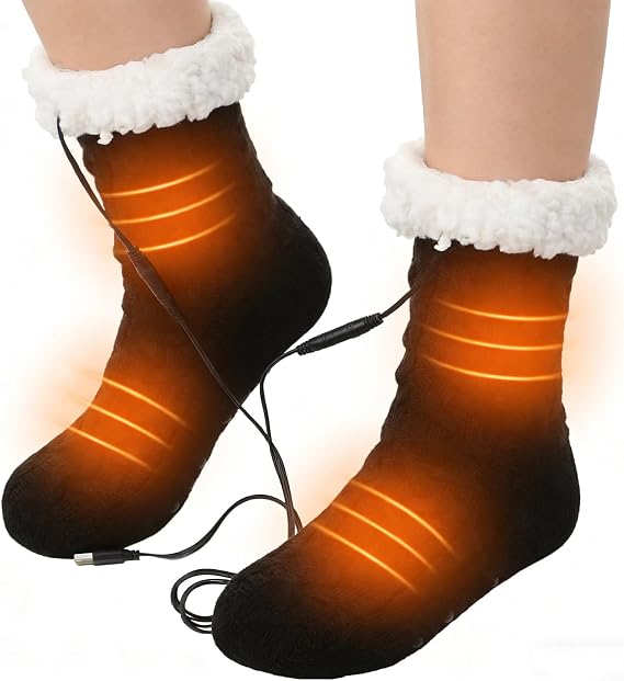 USB Heated Fleece Socks for Women, Winter Warm Electric Heated Thermal Socks Foot Warmers, Foot Heating Pad with Non-Slip Grippers, Warm Fuzzy Sherpa Lined