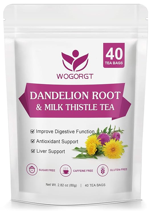 WOGORGT Dandelion Root with Milk Thistle Tea for Liver Support, 40 Tea Bags