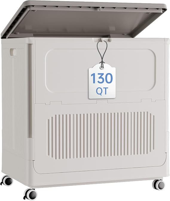 HAIXIN Large Storage Bin with Lid - 130QT Plastic Storage Box with Wheels Stackable Closet Organizer for Clothes Sheets Blanket Movable Storage Organization for Laundry Room (Cream White)