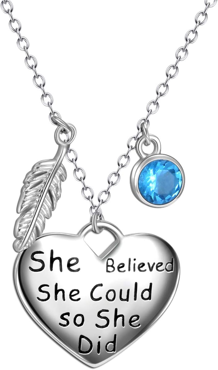 YFN Sterling Silver Inspirational She Believed She Could So She Did Heart Leaf Pendant Necklace for Women