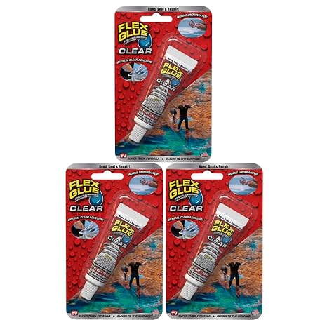 Flex Glue, Mini, Clear, 3-Pack, Super Strong, Transparent, Rubberized Waterproof Adhesive, Works Underwater, Use on Pools, Showers, Outdoors, Concrete, Brick, Pavers, Masonry, UV Resistant