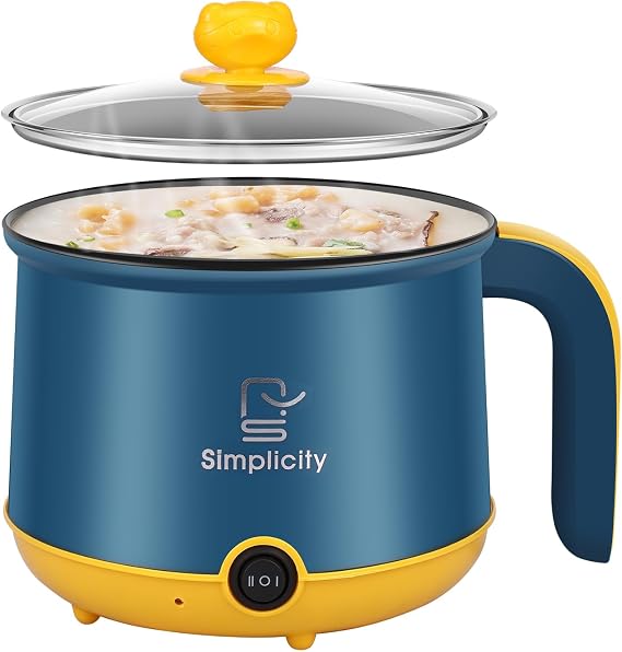 Electric Hot Pot 1.8L Mini Electric Cooking Pot with Steam Rack & Handle, 2 Gear Non-Stick Rapid Ramen Noodles Cooker, Electric Skillet for Noodles/Pasta/Egg/Soup/Oatmeal/Steak(Blue (single layer))