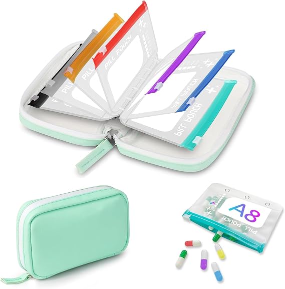 Waterproof Pill Pouch Set-14pcs Bags Inside,A8 Waterproof Pill Organizer Set,Travel Medicine Organizers,Leakproof Reusable Zippered Storage Case, Compact Daily Pills Holder(Green)