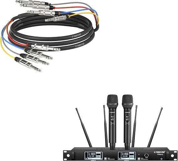 Phenyx Pro True Diversity Wireless Mic System PTAU-2 Bundle with 10Ft TRS Snake Cable PCBL-QR4IN1-10