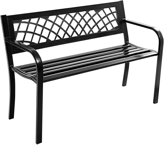 Giantex Outdoor Bench, Garden Bench with Iron Steel Frame, PVC Backrest, Mesh Pattern, Ergonomic Armrests, 500 lbs Metal Outside Bench for Patio Park Porch Lawn Yard Balcony Path Entryway Deck