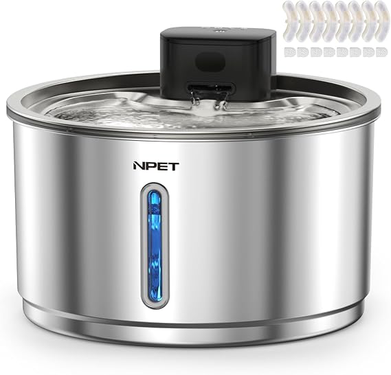 NPET Stainless Steel Wireless Cat Water Fountain with 8 Replacement Filters