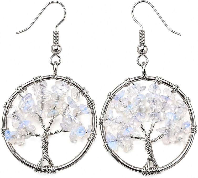 Opalite Tree of Life Earrings Dangling Iridescent - Drop and Dangle - Hanging Hoops - Large Silver Hoop with White Stone - Wire Wrapped - Handmade Jewelry - Family Tree - Unique Gifts for Women - Teacher - Back to School - Birthday - Graduation