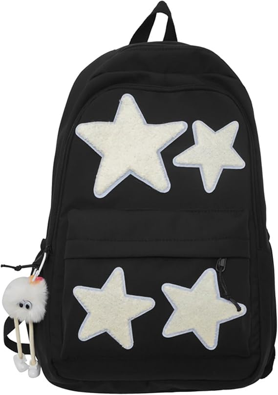 Y2K Backpack with Cute Accessories Emo Girl Boy Stars Preppy School Bag with Plush Pendenat Grunge 10-12 Daypack (Black)