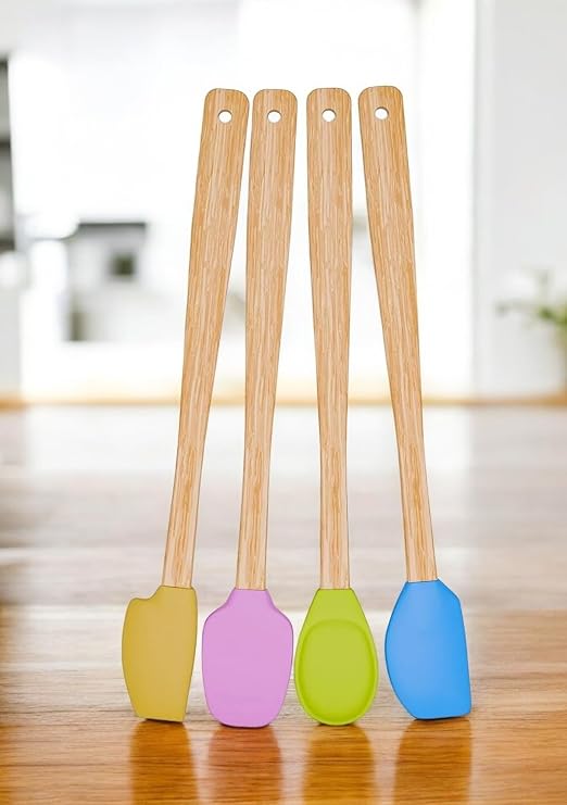 Deconox 4 Adet 4 Renk Ahşap Saplı Pastel Renkli Isıya Dayanıklı Silikon Spatula Seti Mutfak Seti Renkli Kaşık Spatula (CANLI RENKLER)