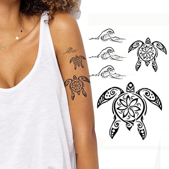 Temporary tattoo turtles black maori tribal body art sticker transfer for arms shoulder Aztec Polynesian Samoan Hawaiian for adult men and women… (Turtles)